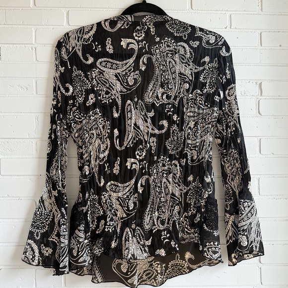 Robbie Bee Paisley Tie Neck Blouse Ruffle Peplum Sheer Boho L - Picture 2 of 4